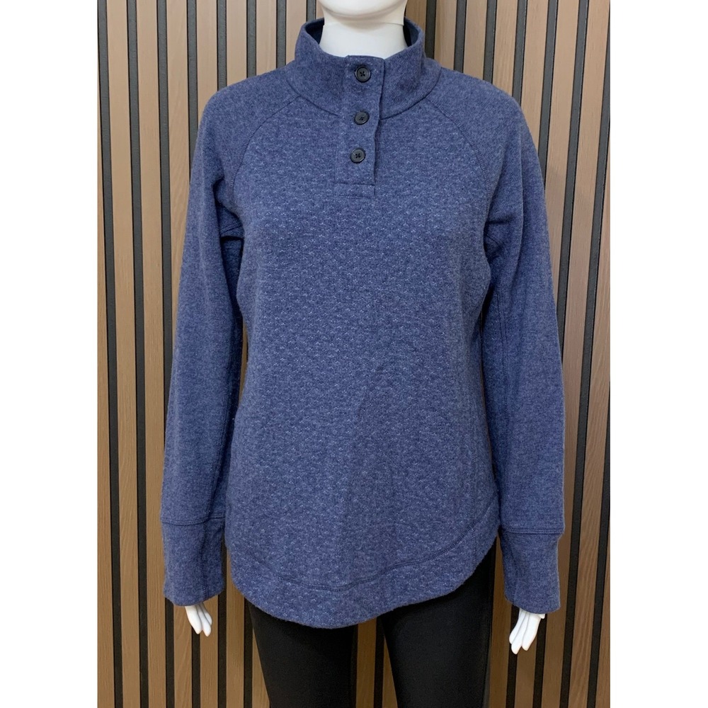 Prana Blue Marl Quilted Button Neck Pullover Sweater Small Thumbholes Raglan